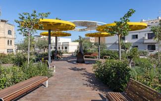 Roof garden with benches and parasols